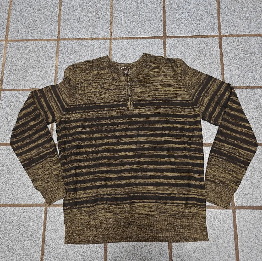 Express Men's Striped Sweater - Green and Black Size L
